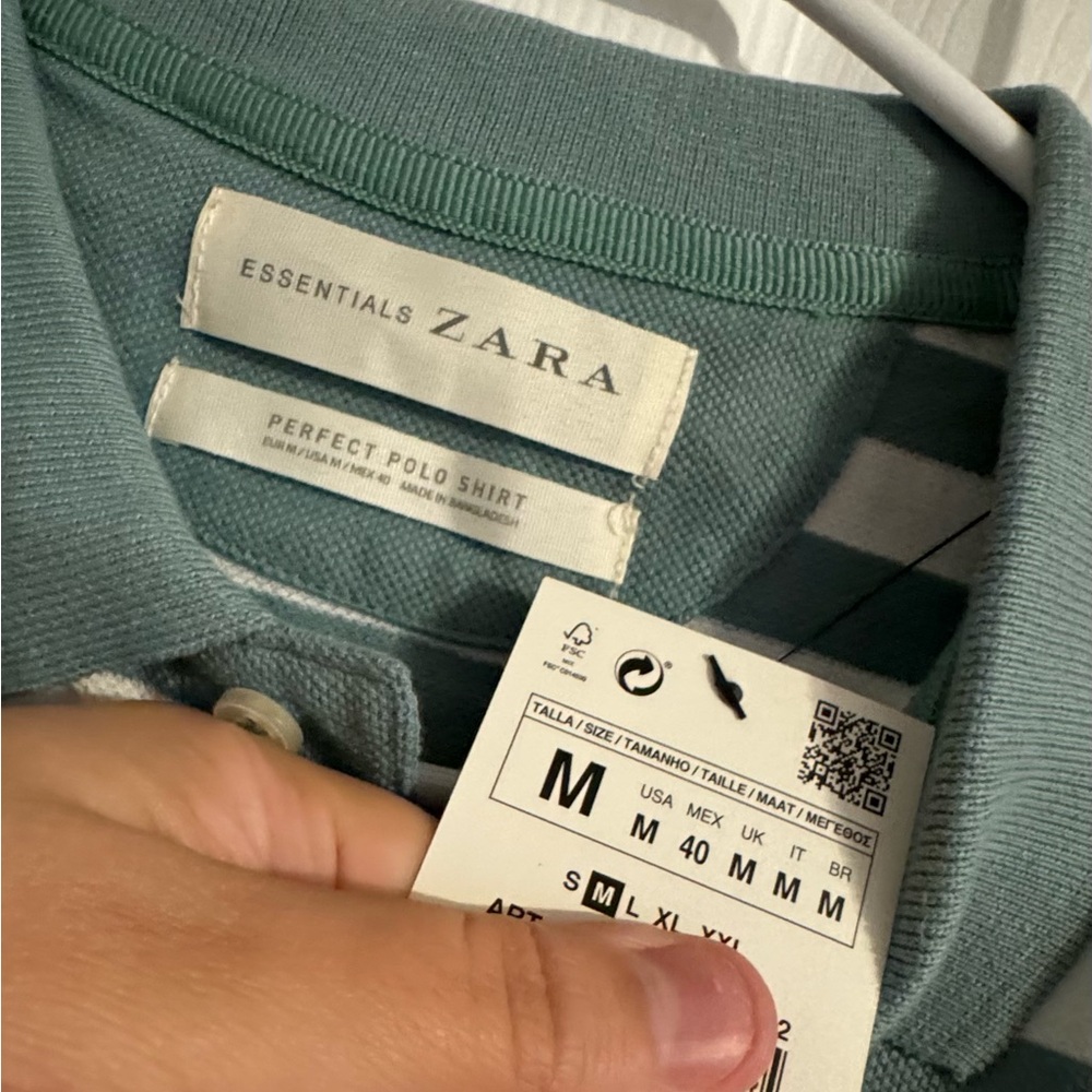 Zara Essentials Green Striped Polo Shirt Size M